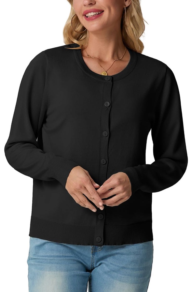 GRECERELLE Cardigan Sweaters for Women Lightweight Long Sleeve Crew Neck Button Up Soft Ribbed Knit Cardigans 2026 Spring Outfits Black S - Image 5