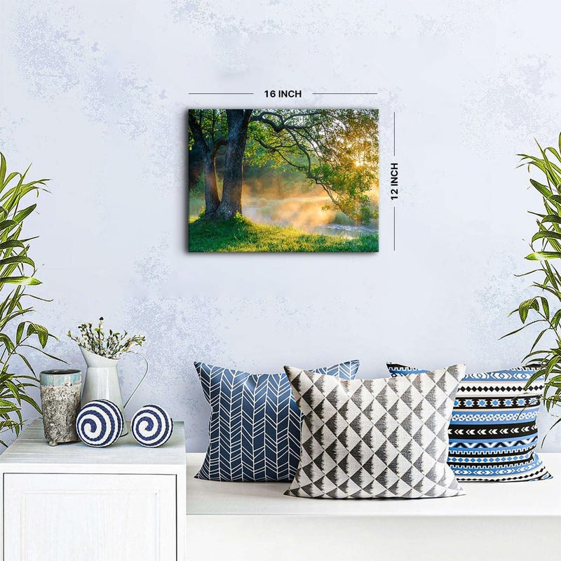 YOOOAHU Nature Wall Art Forest Landscape Picture Oak Tree Canvas Print Artwork for Living Room Vintage Sunrise Green Mountain Wall Decor Morning Sunlight Framed Painting Bedroom Bathroom Home Decoration 12x16 - Image 3