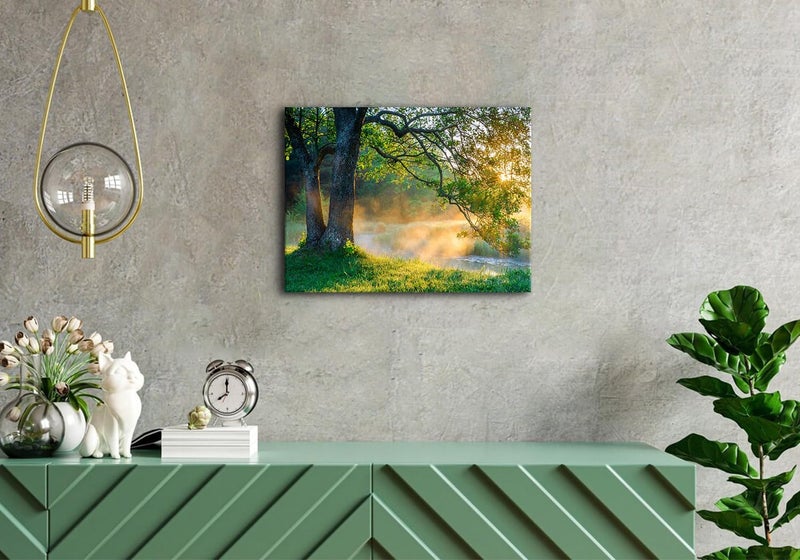 YOOOAHU Nature Wall Art Forest Landscape Picture Oak Tree Canvas Print Artwork for Living Room Vintage Sunrise Green Mountain Wall Decor Morning Sunlight Framed Painting Bedroom Bathroom Home Decoration 12x16 - Image 5