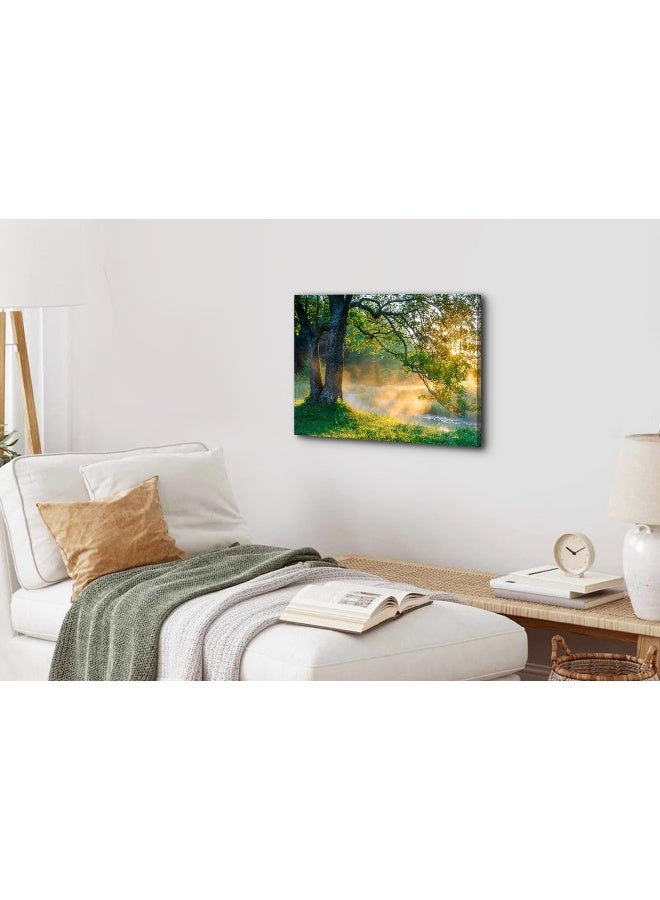 YOOOAHU Nature Wall Art Forest Landscape Picture Oak Tree Canvas Print Artwork for Living Room Vintage Sunrise Green Mountain Wall Decor Morning Sunlight Framed Painting Bedroom Bathroom Home Decoration 12x16 - Image 2