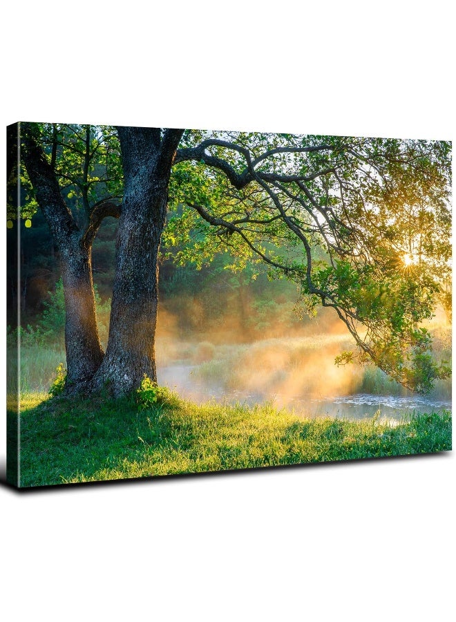 YOOOAHU Nature Wall Art Forest Landscape Picture Oak Tree Canvas Print Artwork for Living Room Vintage Sunrise Green Mountain Wall Decor Morning Sunlight Framed Painting Bedroom Bathroom Home Decoration 12x16 - Image 1