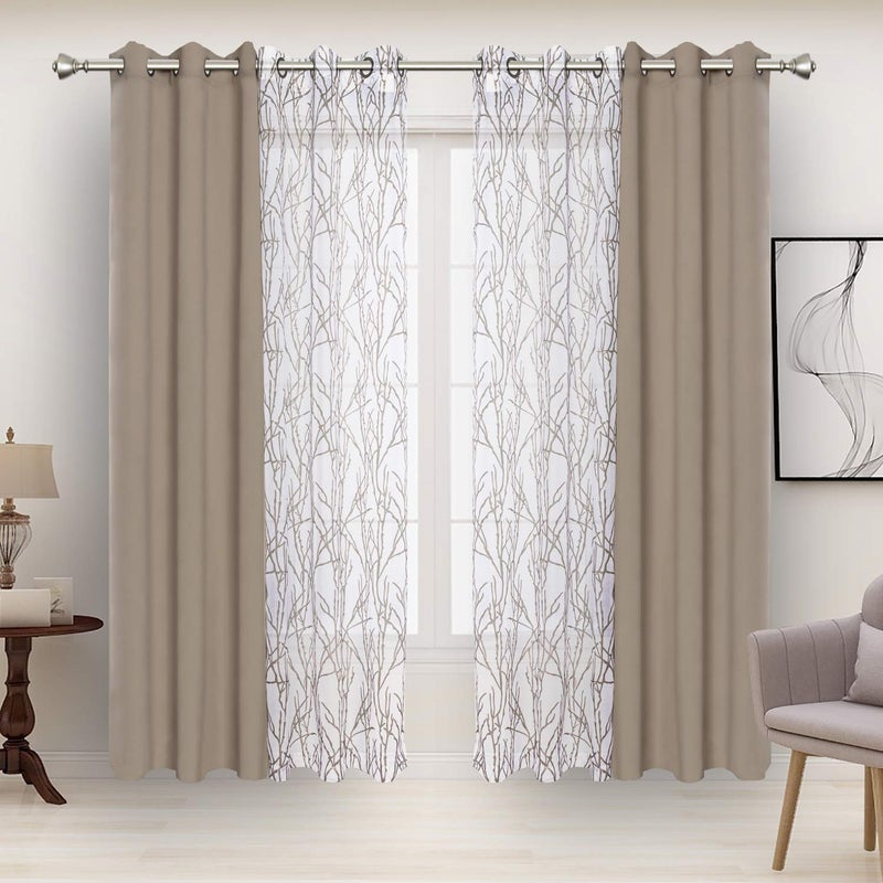 ستائر بونزر قابلة للتنسيق 2 قطعة بطباعة أغصان و 2 قطعة ستائر معتمة لغرفة النوم وغرفة المعيشة مع حلقات للنافذة 37x84 بوصة مجموعة من 4 لوحات