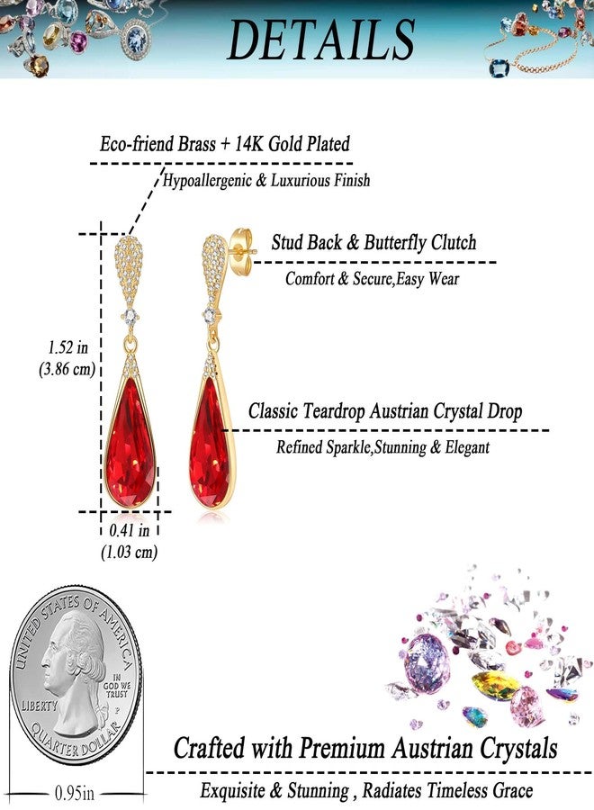 EVEVIC Austrian Crystal Teardrop Dangle Drop Earrings for Women 14K Gold Plated Hypoallergenic Jewelry Gift (Red) - Image 4