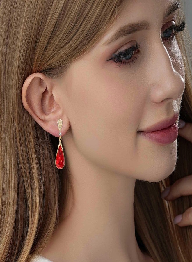 EVEVIC Austrian Crystal Teardrop Dangle Drop Earrings for Women 14K Gold Plated Hypoallergenic Jewelry Gift (Red) - Image 2