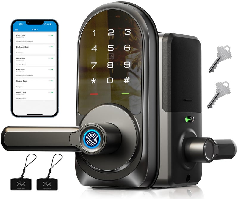 Veise قفل ذكي Veise RZ09، دخول بدون مفتاح 7 في 1 مع مجموعة مقبض، تحكم عبر التطبيق، قفل ميت ببصمة الإصبع للباب الأمامي، أقفال رقمية إلكترونية مع لوحة مفاتيح، أسود غير لامع - Image 1