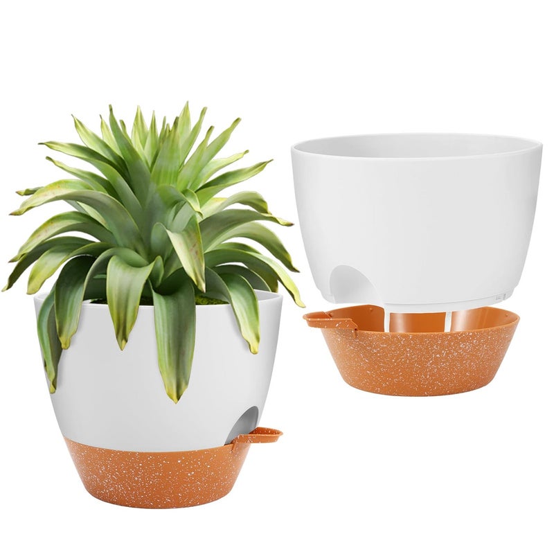 GARDIFE 10 inch Plant PotsSelf Watering Pots 2 Pack Flower pots Large Plastic Planters with Deep Reservior and High Drainage Holes for Indoor Outdoor Plants and Flowers White