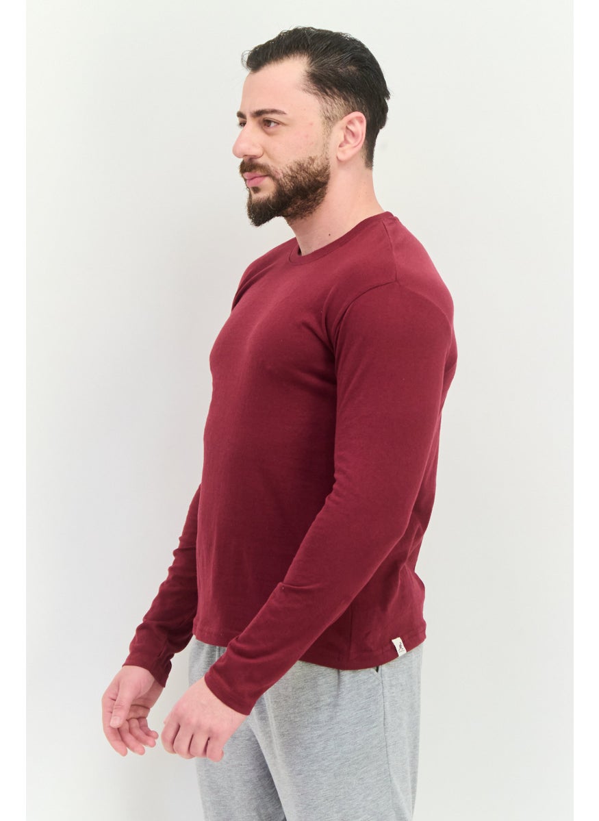 KANGOL - Men Crew Neck Long Sleeves Plain T-Shirt, Maroon - Image 1