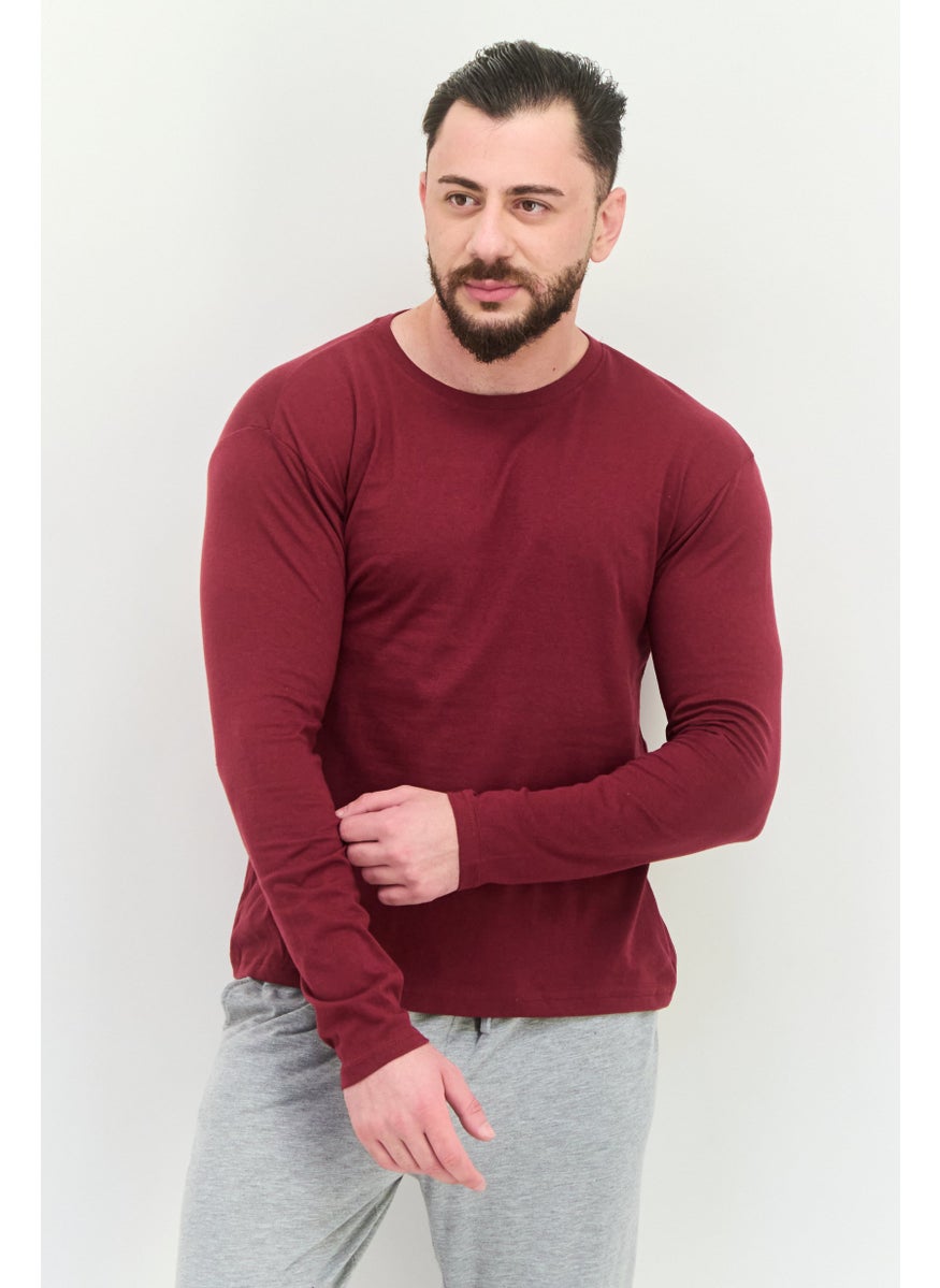 KANGOL - Men Crew Neck Long Sleeves Plain T-Shirt, Maroon - Image 1