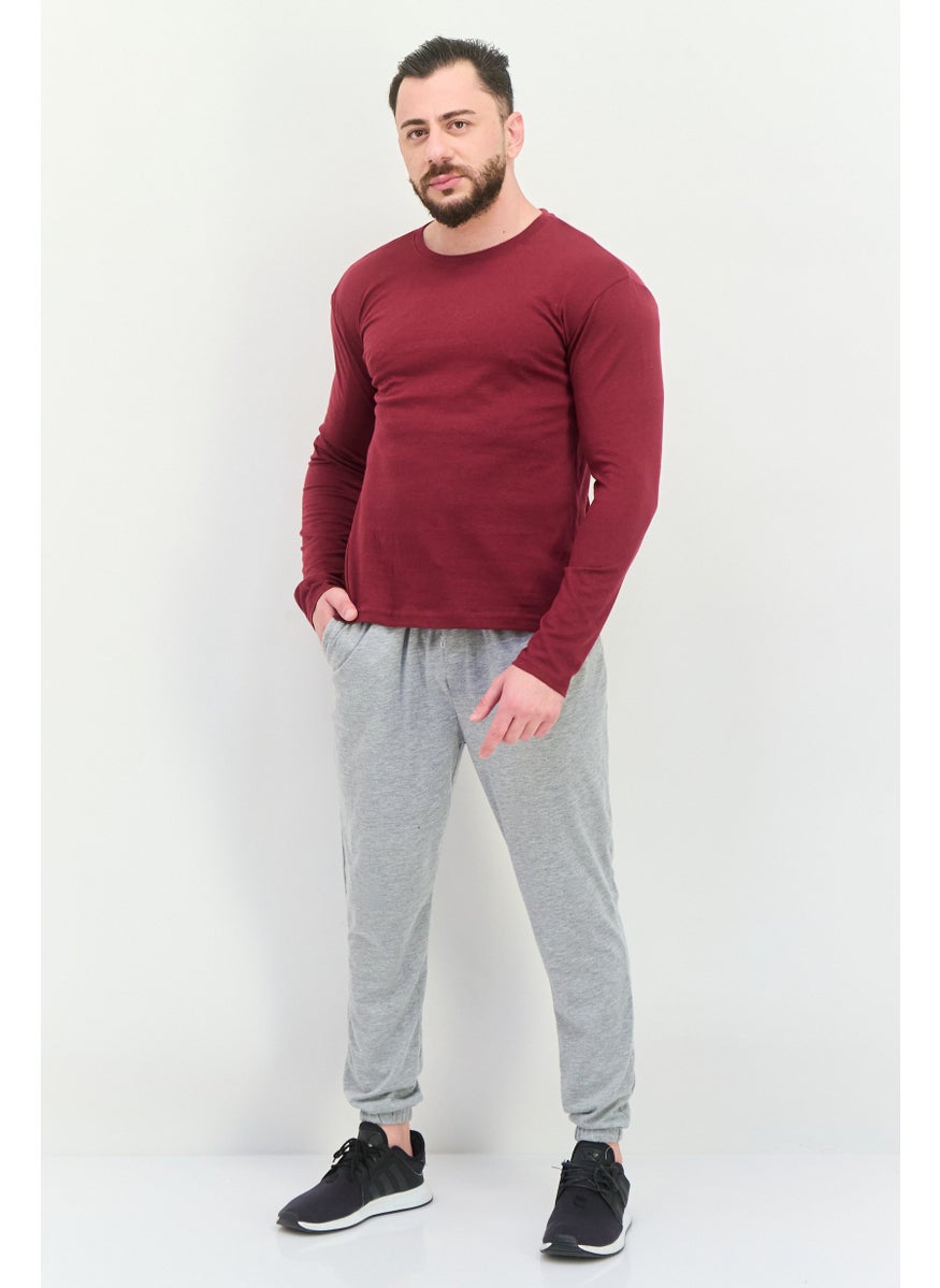 KANGOL - Men Crew Neck Long Sleeves Plain T-Shirt, Maroon - Image 1