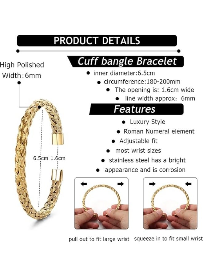 Bukela 3Pcs Stainless Steel Bracelets for Men Roman Numeral Bangle Bracelet Adjustable Cuff Twisted Cable Mens Luxury Bracelets Jewelry Gifts - Image 2
