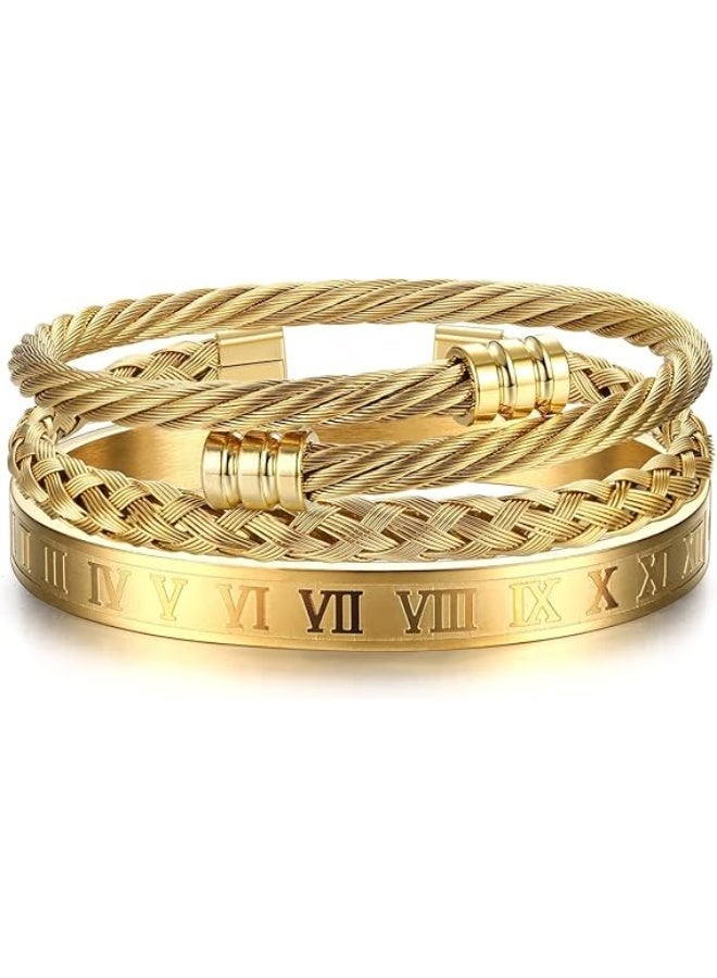 Bukela 3Pcs Stainless Steel Bracelets for Men Roman Numeral Bangle Bracelet Adjustable Cuff Twisted Cable Mens Luxury Bracelets Jewelry Gifts - Image 1