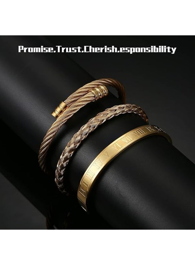 Bukela 3Pcs Stainless Steel Bracelets for Men Roman Numeral Bangle Bracelet Adjustable Cuff Twisted Cable Mens Luxury Bracelets Jewelry Gifts - Image 5