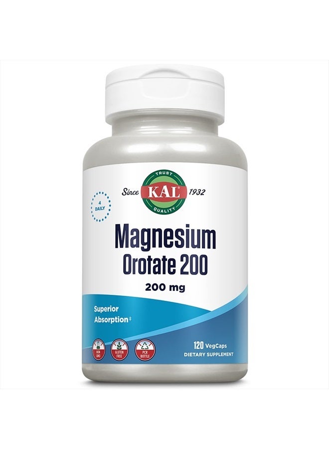 KAL Magnesium Orotate 200 mg, Superior Absorption Formula, Chelated Magnesium for Healthy Bones, Teeth, Nerve and Muscle Function, Vegetarian, Non-GMO, Gluten Free, 30 Servings, 120 VegCaps - Image 1