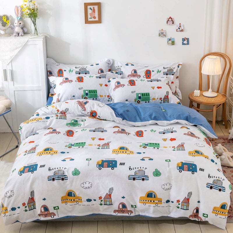 DJY Kids Car Duvet Cover Set Twin 100 Cotton Cars Bus Print Bedding Set for Boys Girls 2 Pieces Soft Breathable Reversible Comforter Cover Set 1 Duvet Cover1 Pillowcase 