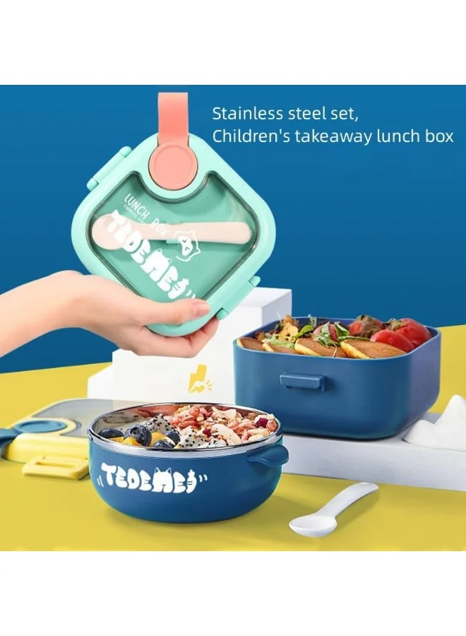 Mobcos Kids Lunch Box with Stainless Steel Bowl, Spoon and Plastic Scissors - 2-Tier, BPA Free, Leak and Spill Proof - 2-Compartment Design, 750ml Capacity (Pink and Green)
