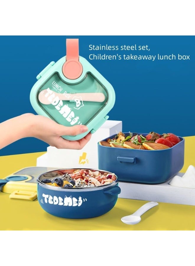 موبكوس صندوق غداء للأطفال بوعاء ستانلس ستيل وملعقة ومقص بلاستيكي - طبقتان، خالٍ من البيسفينول، مقاوم للتسرب والانسكاب - تصميم من قسمين، سعة  مل وردي وأخضر - Image 2