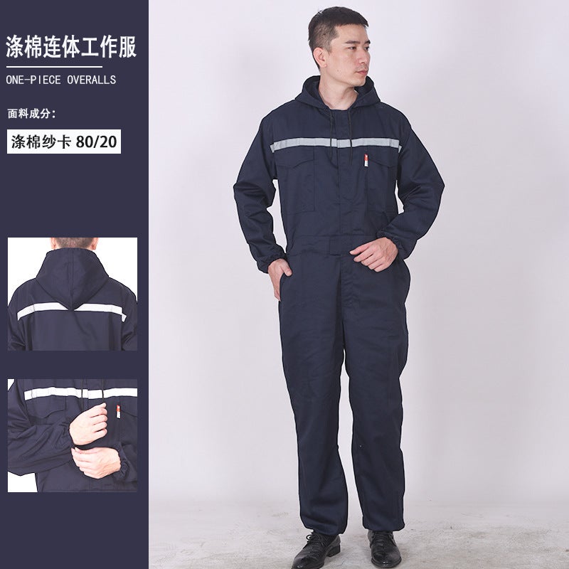 Polyester-Cotton One-Piece Work Clothes For Men, Reflective Strips, Auto Repair One-Piece Protective Breathable Hooded Crew One-Piece Labor Protection Clothing For Women - Image 4