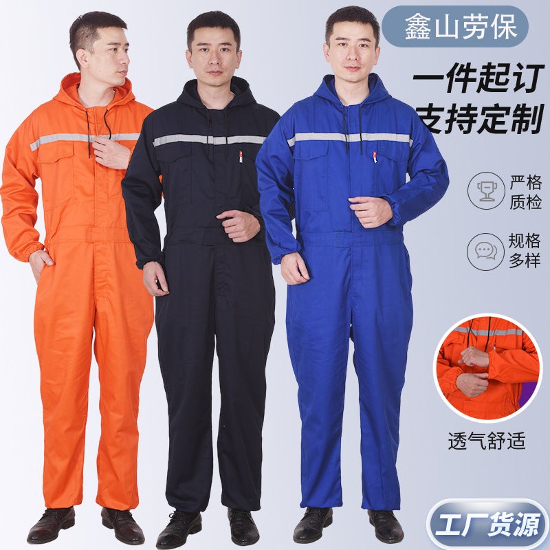 Polyester-Cotton One-Piece Work Clothes For Men, Reflective Strips, Auto Repair One-Piece Protective Breathable Hooded Crew One-Piece Labor Protection Clothing For Women - Image 2
