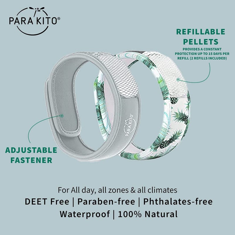 PARA'KITO Mosquito Repellent Bracelets + Refill Pellets Bundle, Mosquito Bracelets, Peppermint Oil, DEET Free Mosquito Repeller, Hiking Accessories, 2 Wristbands & 2 Refills (Smokey Grey+Pineapple) - Image 2