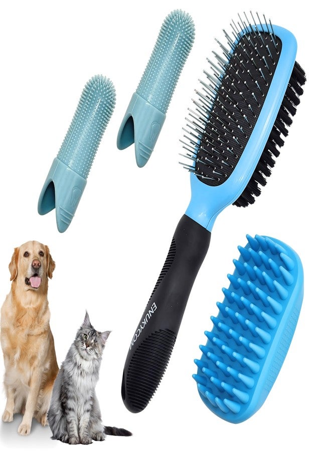 ENUKYCOM Double-Sided Pet Dog Cat Brush for Detangling Deshedding & Removing Small Mats plus Rubber Dog Bath Brush for Grooming, Shedding, Massage & Skin Care Brush - Best Pet Detangler Brushes - Image 1