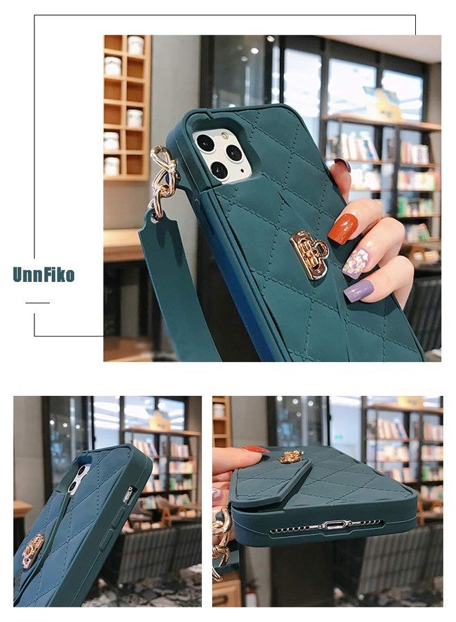 UnnFiko Wallet Case Compatible with iPhone 15 Pro Max, Cute Light Luxury Bag Design, Purse Flip Card Pouch Cover Soft Silicone Case with Handstrap Long Shoulder Strap (Dark Green, iPhone 15 Pro Max) - Image 4