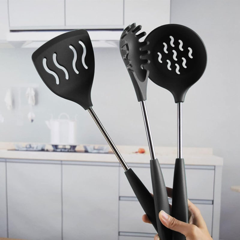 P Plus Fire Silicone Spoon Fork Spagethi Server Pasta Spoon Skimmer Spoon for Frying Poori Strainer Deep Fry Strainer Silicone Noodle Spatula Set Spatula Holder Set of 3 Black