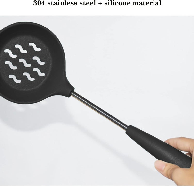 P Plus Fire Silicone Spoon Fork Spagethi Server Pasta Spoon Skimmer Spoon for Frying Poori Strainer Deep Fry Strainer Silicone Noodle Spatula Set Spatula Holder Set of 3 Black