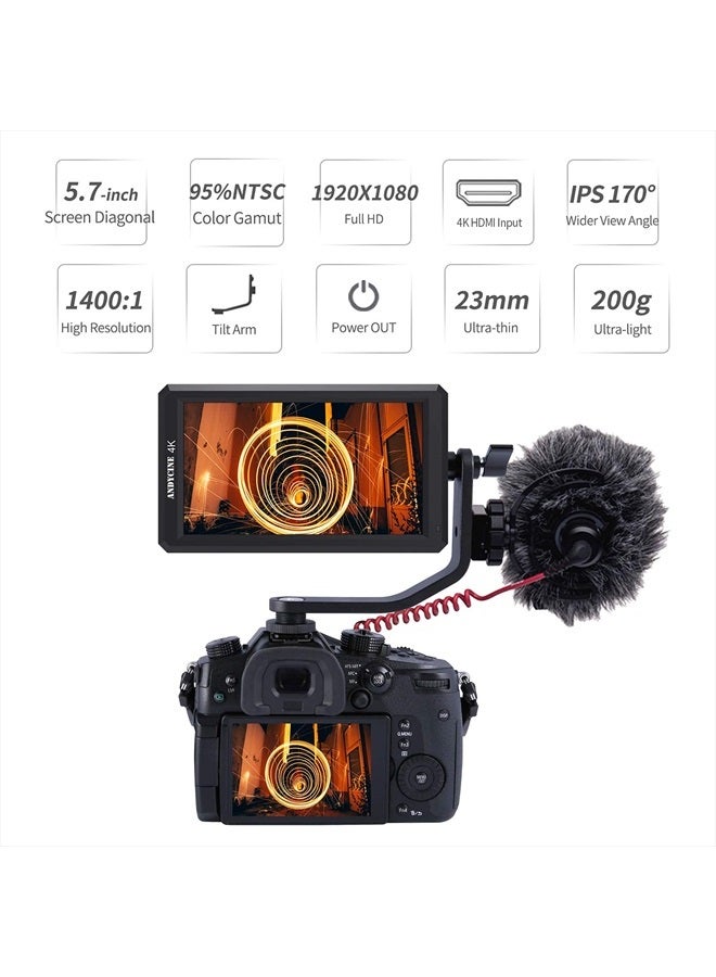 ANDYCINE شاشة ميدانية HDMI بحجم 5.7 بوصة A6 بدقة 1920x1080 مع خرج طاقة DC 8V وذراع دوار لكاميرات سوني ونيكون وكانون DSLR وGimbals - Image 3