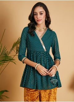 SASSAFRAS Embroidered Trim Foil Print Wrap Peplum Top by Styli  - Image 2