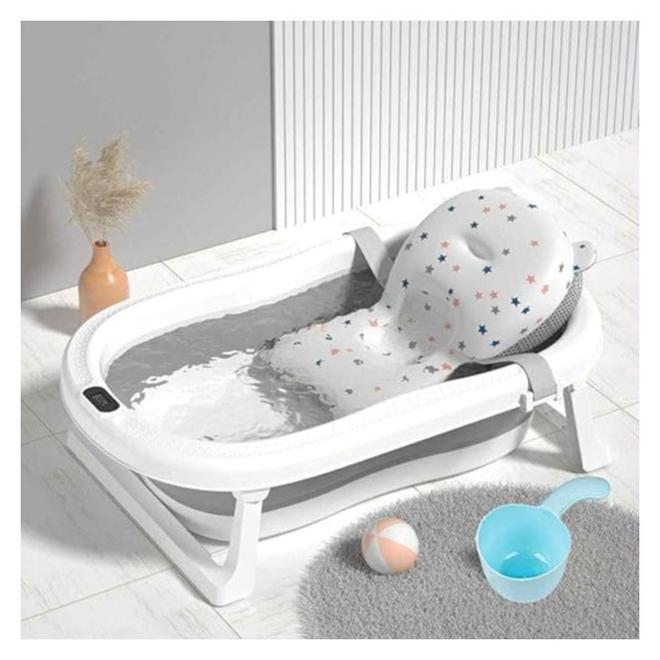 Large Foldable Baby Bathtub Baby Bath Tub with Cushion Pad, Non-Slip Support Leg, Collapsible Tub for Toddler Baby Kids Bathing - Childrens Travel Shower Bath Tubs