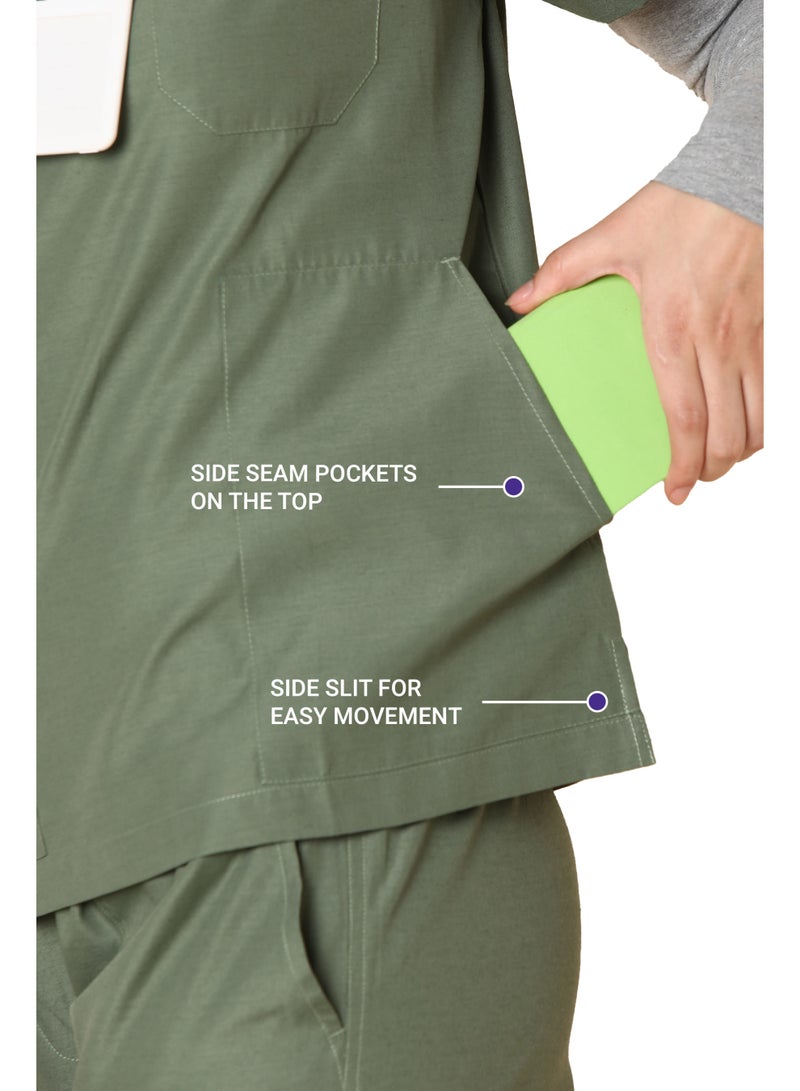 KNYA بدلة كنيّا الكلاسيكية للنساء بخمسة جيوب | رقبة على شكل V | قمة وقاع مرن ومريح | جيوب سهلة الوصول | زي للأطباء (XXL، زيتوني) - Image 3