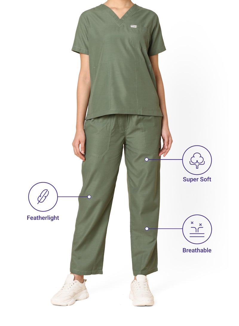 KNYA بدلة كنيّا الكلاسيكية للنساء بخمسة جيوب | رقبة على شكل V | قمة وقاع مرن ومريح | جيوب سهلة الوصول | زي للأطباء (XXL، زيتوني) - Image 5