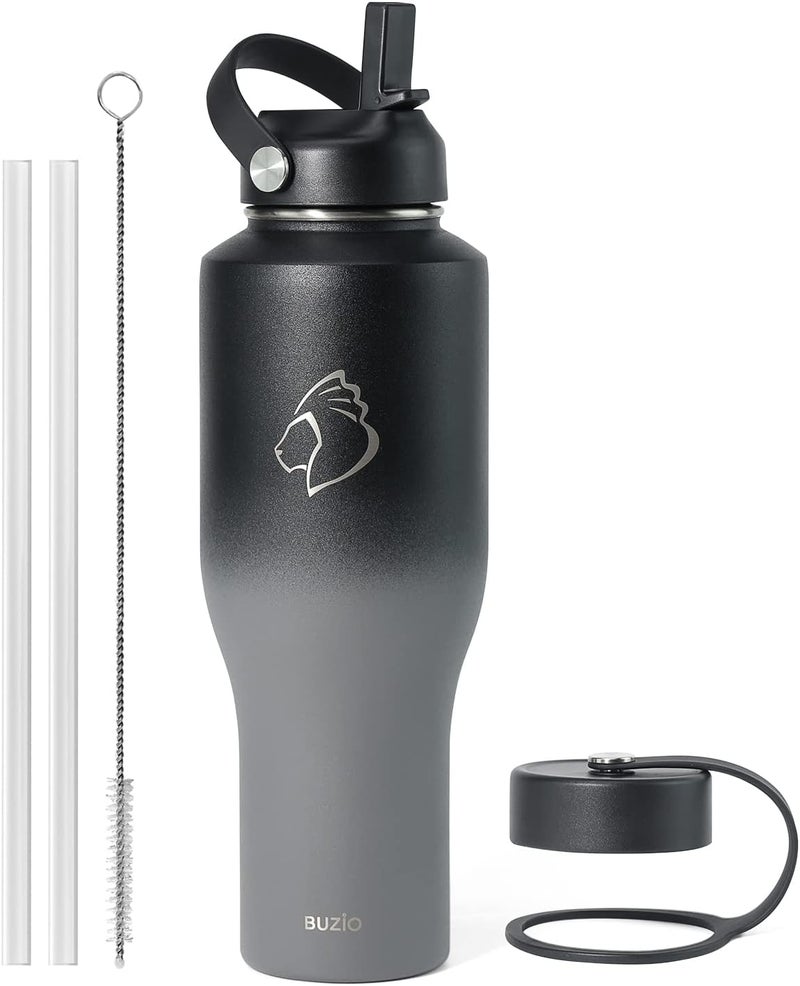 BUZIO 40 oz Insulated Water Bottle Tumbler with Straw and Lids (2 Lids), 40oz Stainless Steel Water Bottles Fits in Any Car Cup Holders, Large Capacity Metal Coldest Flask, Cupholder Friendly, Shadow - Image 1