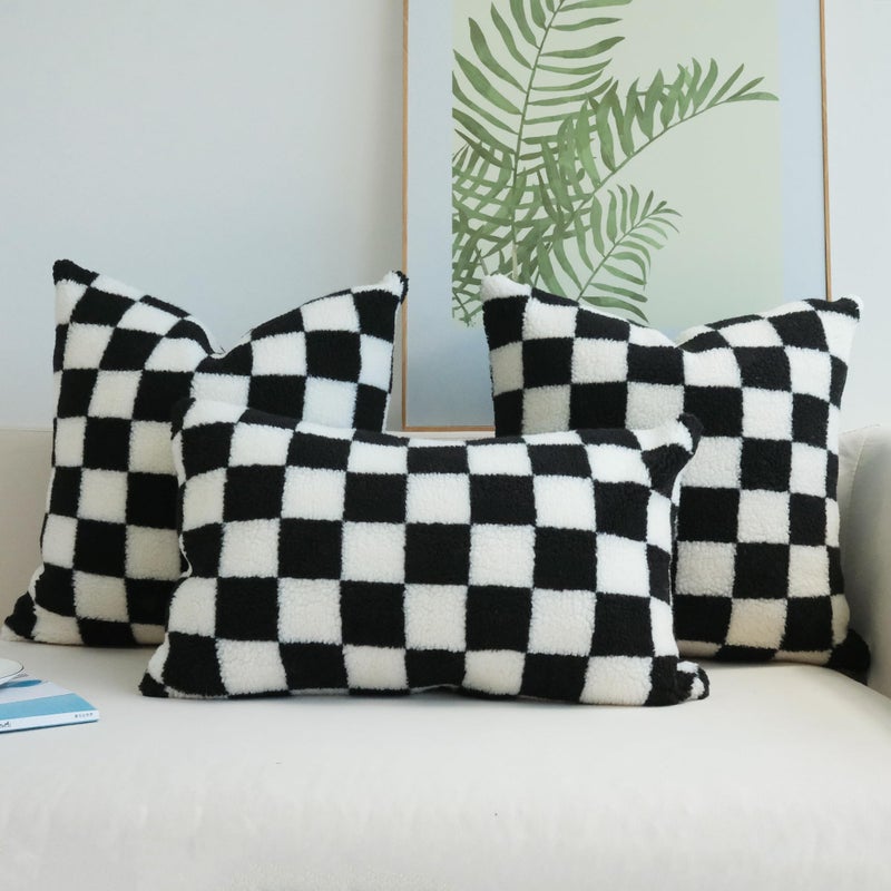 JOJUSIS Decorative Throw Pillow Covers Luxury Style Checkerboard Pattern Cushion Case Super Soft Faux Fur Wool Pillowcases for Couch Bedroom Pack of 2 (Black, 18 x 18-Inch) - Image 4