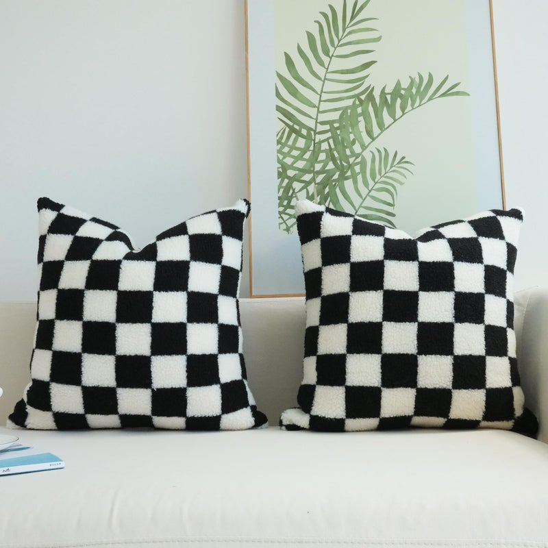 JOJUSIS Decorative Throw Pillow Covers Luxury Style Checkerboard Pattern Cushion Case Super Soft Faux Fur Wool Pillowcases for Couch Bedroom Pack of 2 (Black, 18 x 18-Inch) - Image 3