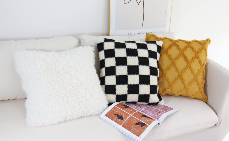 JOJUSIS Decorative Throw Pillow Covers Luxury Style Checkerboard Pattern Cushion Case Super Soft Faux Fur Wool Pillowcases for Couch Bedroom Pack of 2 (Black, 18 x 18-Inch) - Image 5