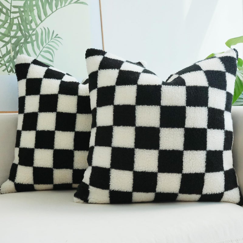 JOJUSIS Decorative Throw Pillow Covers Luxury Style Checkerboard Pattern Cushion Case Super Soft Faux Fur Wool Pillowcases for Couch Bedroom Pack of 2 (Black, 18 x 18-Inch) - Image 1