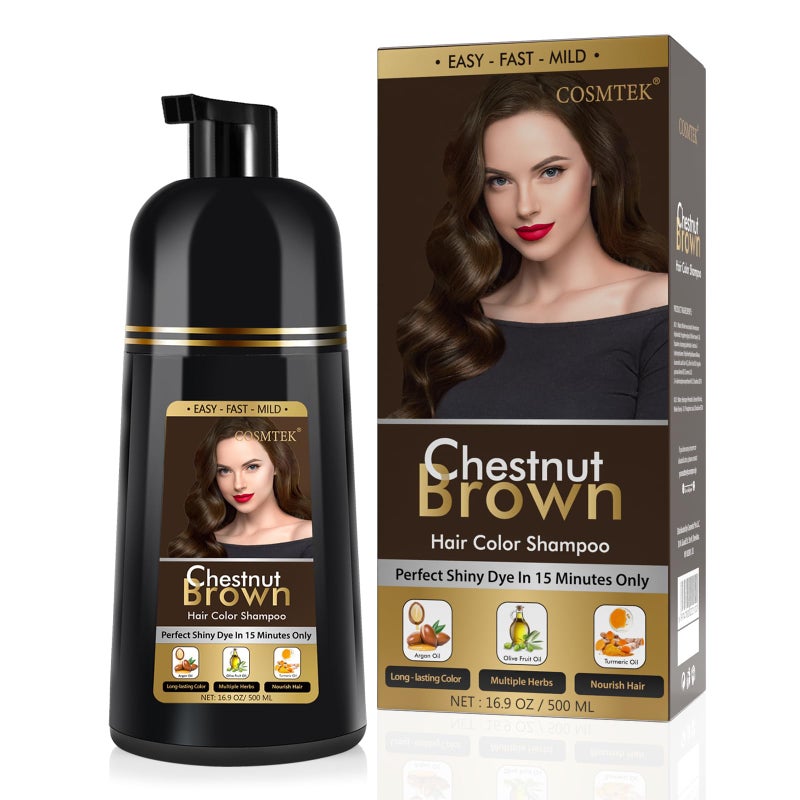 COSMTEK Chestnut Brown Hair Dye Shampoo Permanent for Men&Women,Instant Hair Color Shampoo for Gray Hair Coverage,16.9oz - Image 1