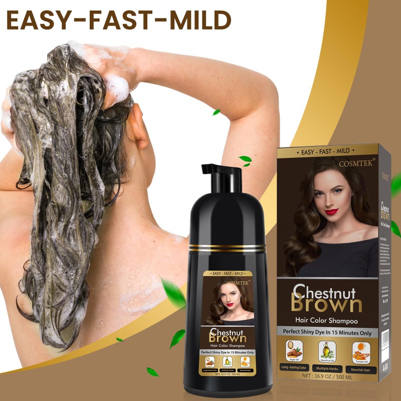 COSMTEK Chestnut Brown Hair Dye Shampoo Permanent for Men&Women,Instant Hair Color Shampoo for Gray Hair Coverage,16.9oz - Image 2