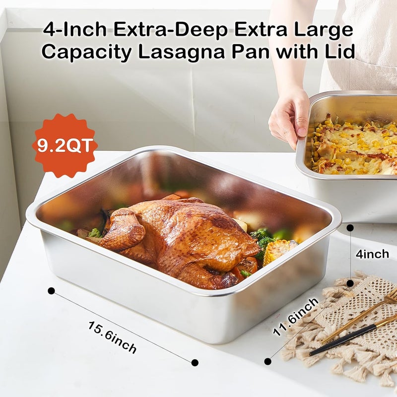 CozyState 4 Inch Extra Deep Lasagna Pan with Lid, 11.6x15.6 Inch 9.2QT Large Stainless Steel Nonstick Lasagna Baking Roasting Dish Pan for Oven(L, 1 Pack) - Image 2