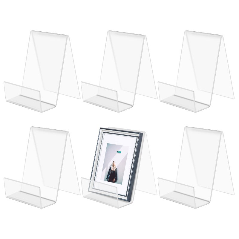 TERRIFI 6 Packs Clear Acrylic Book Stand, Transparent Book Display Stand, Book Stands for Display, Acrylic Bookshelf for Displaying Picture Albums, Books, Music Sheets, Notebooks, Artworks - Image 1