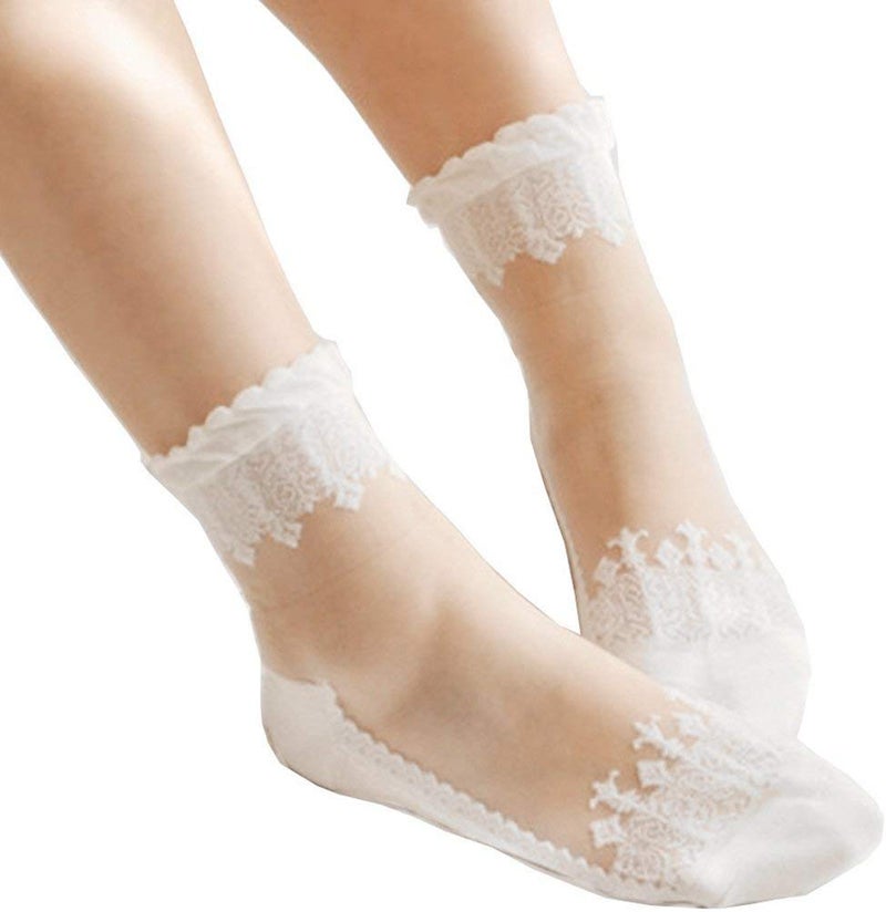 Lovful 3 Pairs Women's Ultrathin Transparent Lace Elastic Short Socks,White - Image 1