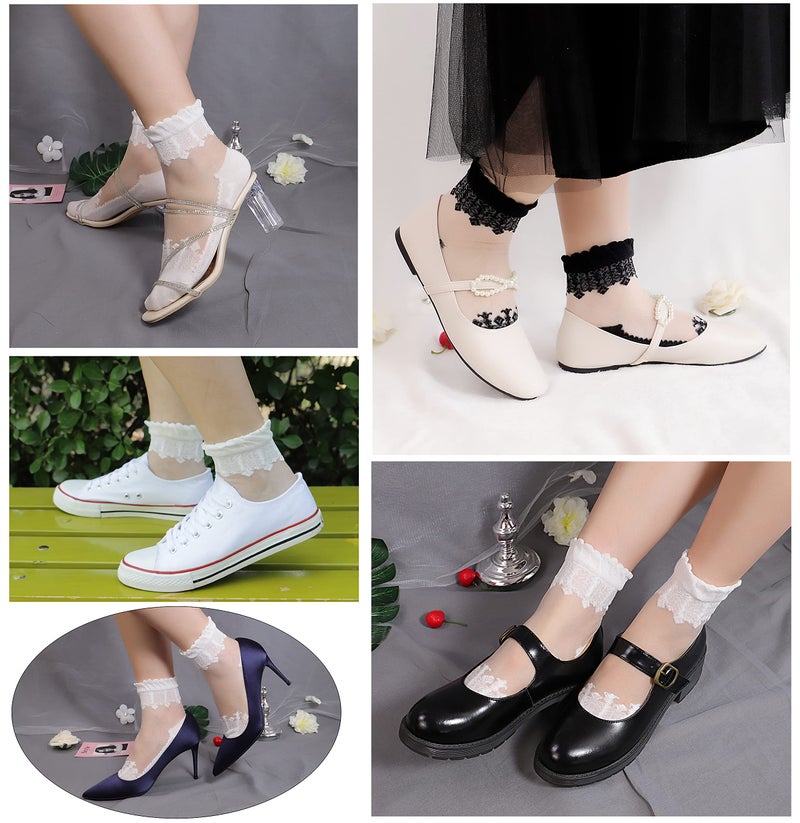 Lovful 3 Pairs Women's Ultrathin Transparent Lace Elastic Short Socks,White - Image 2