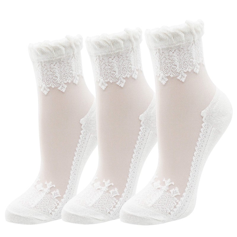 Lovful 3 Pairs Women's Ultrathin Transparent Lace Elastic Short Socks,White - Image 4