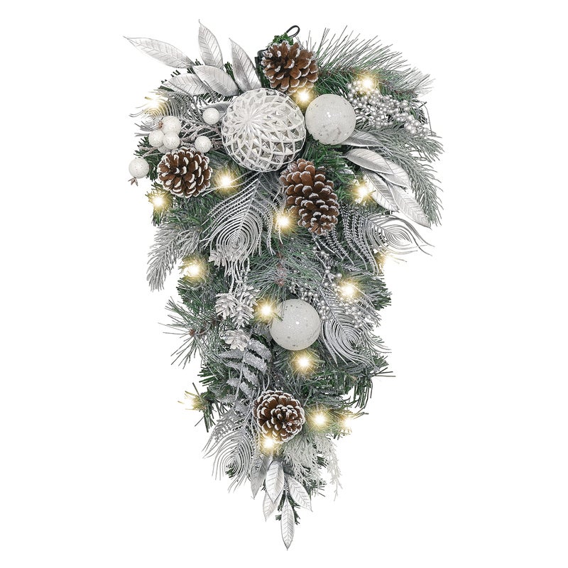 Valery Madelyn Valery Madelyn PreLit Christmas Teardrop Swag for Decorating Outdoor 24 Inch Sliver White Mailbox Swag Decoration with 20 LED Lights Ball Ornaments for Front Door Stairway Window Shelf Xmas Decor 