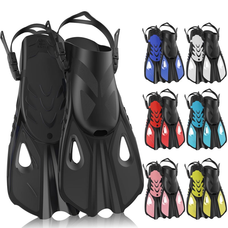 MELUMILU Snorkel Fins, Swim Fins Travel Size Short Adjustable for Snorkeling Diving Adult Men Women Open Heel Swimming Flippers (Black) - Image 1