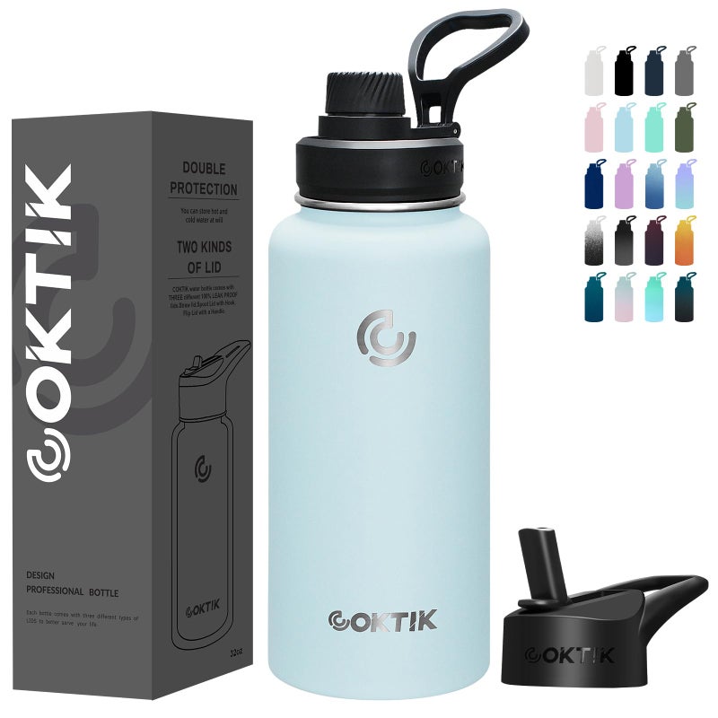 COKTIK 32 oz Sports Water Bottle With Straw2 Lids Stainless Steel Vacuum Insulated Water BottlesLeakproof Lightweight Keeps Cold and Hot Great for Travel Hiking Biking Running FOG
