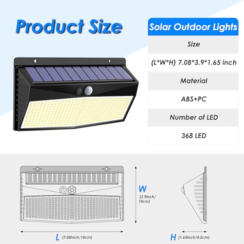 Peasur 368 LED Solar Lights Outdoor Motion Sensor, Solar Fence With 3 Lighting Modes, Powered Security Waterproof for Outside Yard Wall Garden Backyard Garage - Image 5