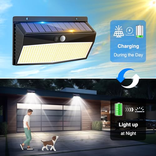 Peasur 368 LED Solar Lights Outdoor Motion Sensor, Solar Fence With 3 Lighting Modes, Powered Security Waterproof for Outside Yard Wall Garden Backyard Garage - Image 3