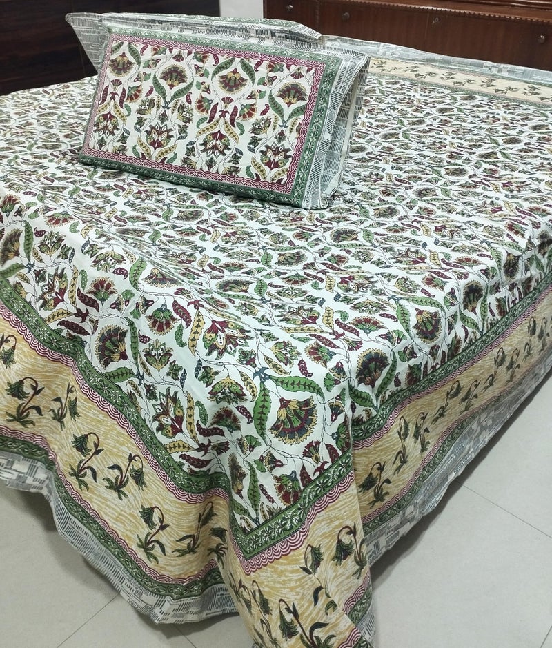 Floral Print Cotton Bedsheet Set with 2 Pillow Covers, King Size 254x274 cm, White and Green - Image 3